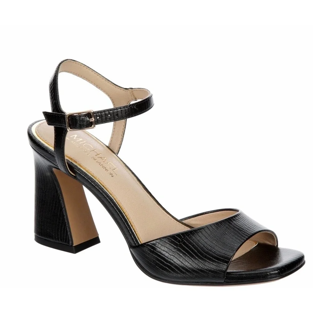 Michael by Michael Shannon Seren sandals, snake-print faux leather flare heel 10
